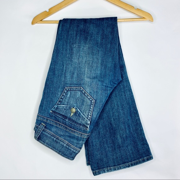 CAbi Denim - CAbi • Blue Distressed Flared Jeans Gold Buttons